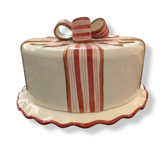 Vintage World Bazaar Large Ceramic Peppermint Swirl Bow Tie Cake Holder Holidays - Picture 4 of 8